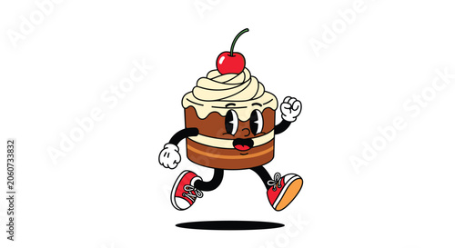 Vintage style cartoon character in the shape of a cake slice with a cherry on top runs quickly wearing red sneakers.