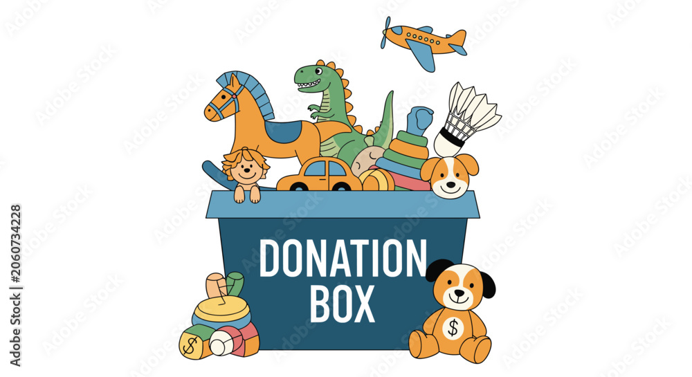 Fototapeta premium Large blue donation box is filled to the top with various children toys including a dinosaur, horse, and teddy bear.