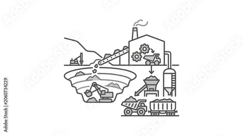 Open pit mining site with heavy machinery and transport.