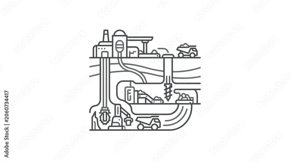 Obraz premium Complex industrial mining and extraction facility system line art.