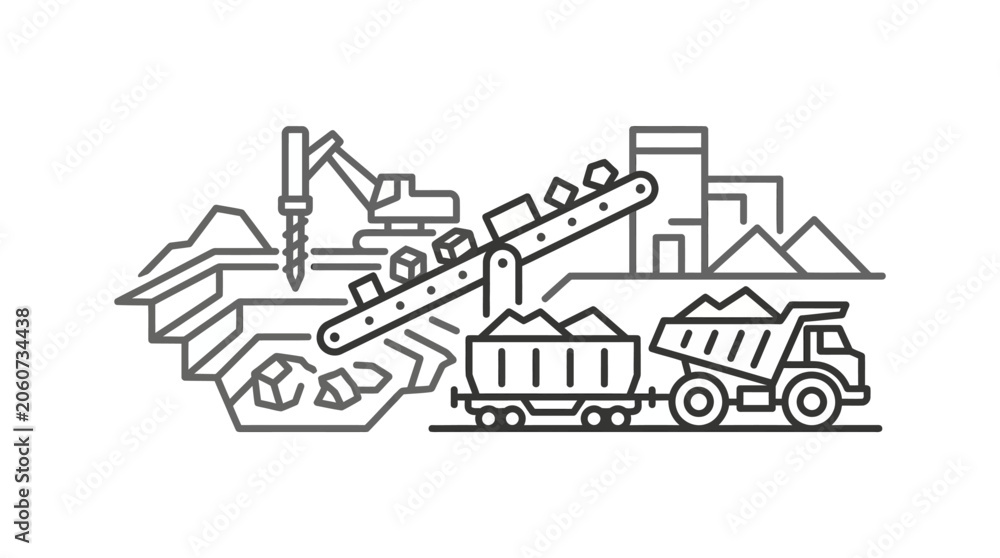 Fototapeta premium Full mining operation site with conveyor train and truck.