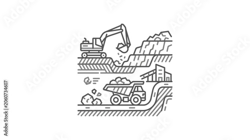 Complex open pit mining operation with trucks and machinery.