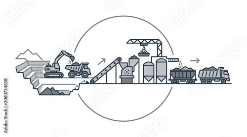 Open pit mining process line art illustration with heavy machinery.