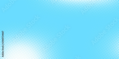 Bright blue sky halftone background. Fading retro comic gradient pattern. Pixelated dotted cloud texture overlay