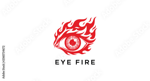 Artistic logo named Eye Fire features a detailed red eye surrounded by stylized flames on a white background for a brand.