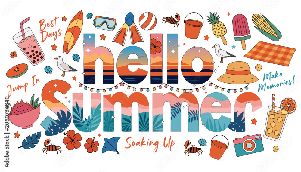 Fototapeta premium Vibrant hello summer illustration with colorful beach and vacation icons
