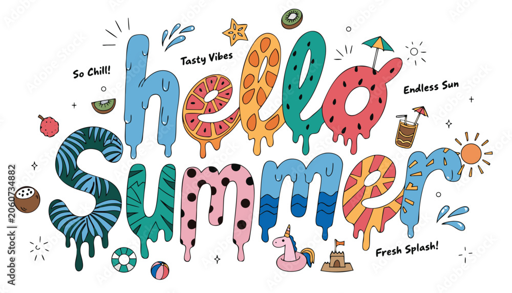Obraz premium Colorful hello summer typography with illustrations of food and summer objects