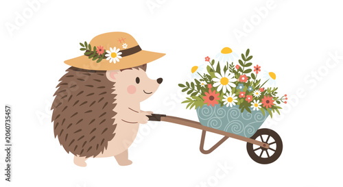 Cute hedgehog wearing a straw hat decorated with flowers pushing a blue wheelbarrow filled with a colorful bouquet of spring flowers.