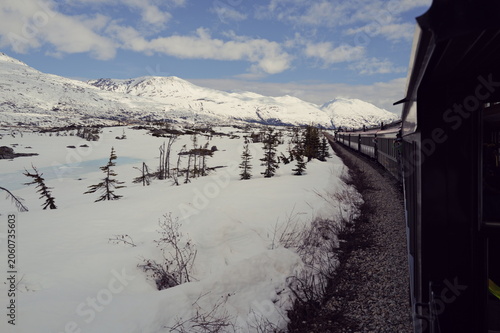 majestic spring snowmelt lakes viewable from the railway from Skagway to Canada, Yukon trail