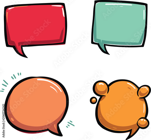 💬 Title (120 characters)
Set of Four Colorful Cartoon Speech Bubbles — Comic Style Communication Icons for Dialogue, Messaging, and Graphic Design