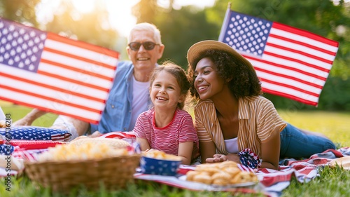 Independence Day Family Picnic Celebration with American Flags at Sunset