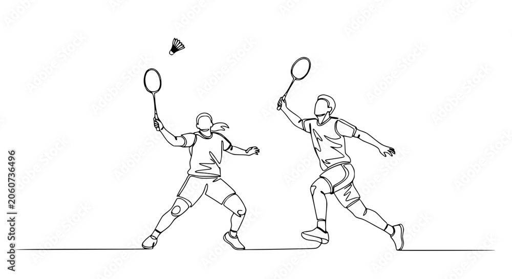 Fototapeta premium Badminton players in action, continuous line drawing of sports competition