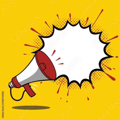 Red and White Megaphone with Comic Speech Bubble — Bold Pop Art Style Announcement Design on Bright Yellow Background