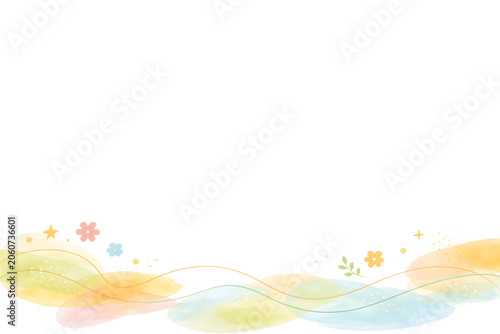Cute watercolor abstract shape bottom border frame with hand drawn wavy lines and flowers isolated on a transparent background. generated by AI.