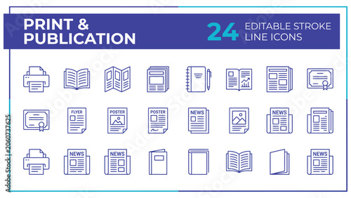 Foto Book, print collateral line icons set