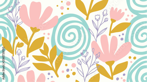 A vibrant floral pattern features blooming flowers, swirling leaves, and colorful dots on a white background.