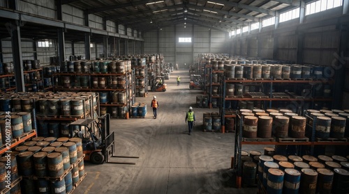 A global energy crisis concept scene depicting oil barrels arranged in a large emergency reserve warehouse with many empty spaces indicating declining stockpiles