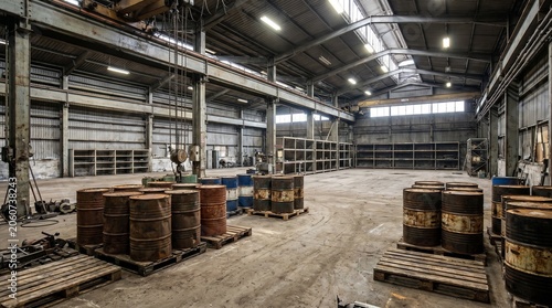 A global energy crisis concept scene depicting oil barrels arranged in a large emergency reserve warehouse with many empty spaces indicating declining stockpiles