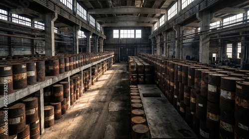 A global energy crisis concept scene depicting oil barrels arranged in a large emergency reserve warehouse with many empty spaces indicating declining stockpiles