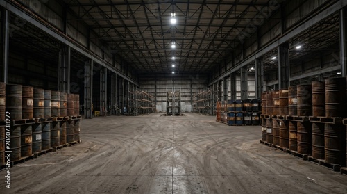 A global energy crisis concept scene depicting oil barrels arranged in a large emergency reserve warehouse with many empty spaces indicating declining stockpiles