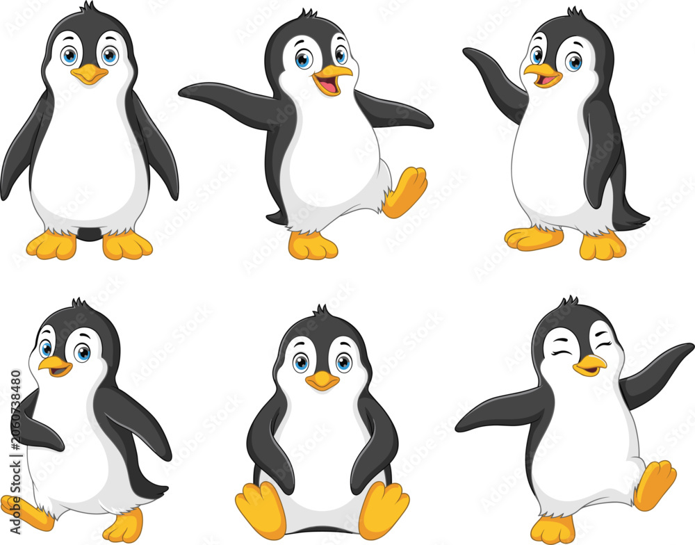 Fototapeta premium Cute cartoon penguins collection with various poses vector illustration, isolated on white background