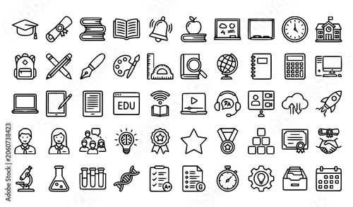 School and learning outline icon collection with education study and academic success symbols