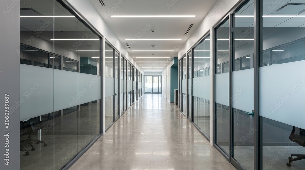 Fototapeta premium Modern Office Hallway with Glass Partition Walls and Polished Floor