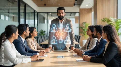 Indian Business Leadership and Corporate Training Concept: Executive with Diverse Team and Floating Holographic Human Network and Gear Icons