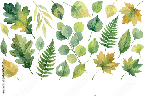 Watercolor Green and Autumn Leaf Collection with Oak Maple Fern Birch and Eucalyptus Botanical Elements for Festive Seasonal Greeting Cards and Textile Pattern Designs