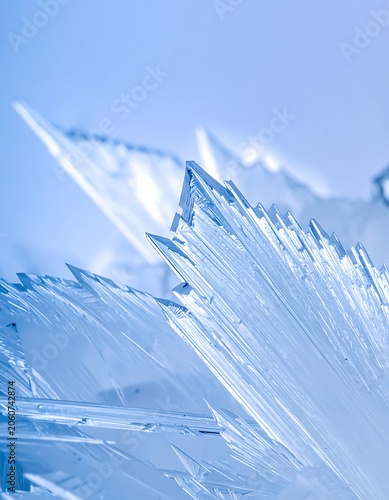 A close-up view of crystalline ice formations against a blue background