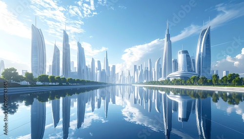A futuristic cityscape reflected in calm water under a blue sky