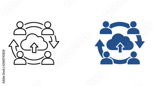Cloud data sharing and network synchronization with team members icon vector illustration
