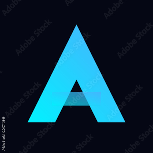 Fotografie Minimalist blue geometric letter A logo with a transparent crossbar on a dark bl
