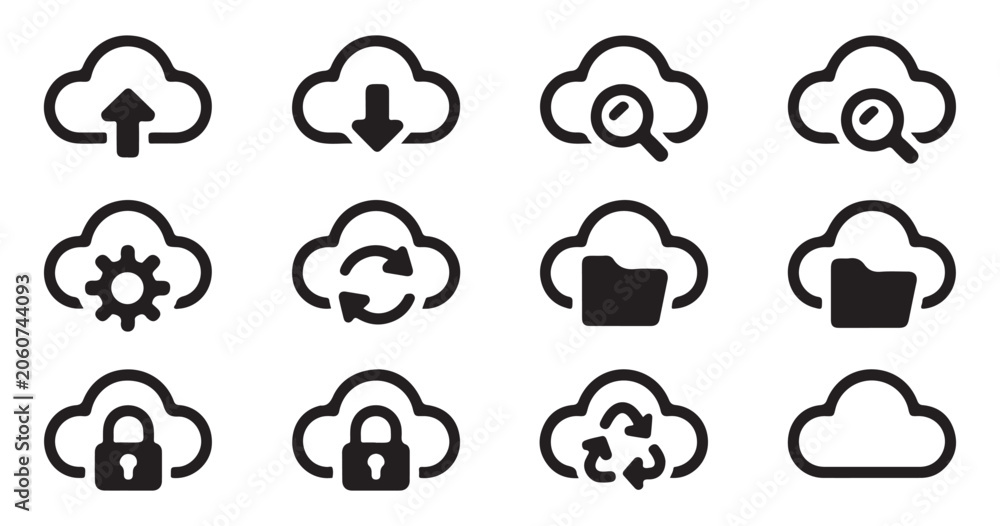 Fototapeta premium Network cloud storage service icons collection for file synchronization and secure data management.