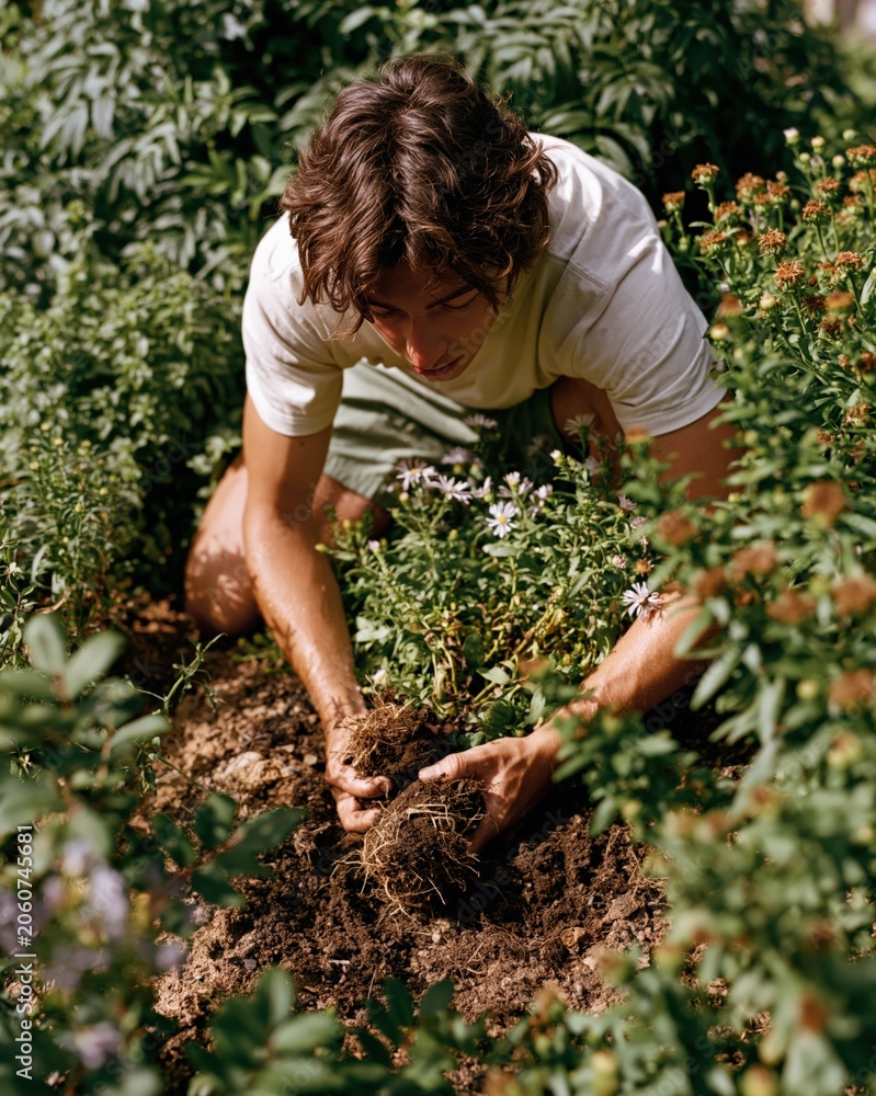 Fototapeta premium Young Man Planting Perennials in Summer Garden