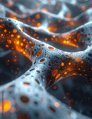 A glowing, porous, metallic structure with orange lights
