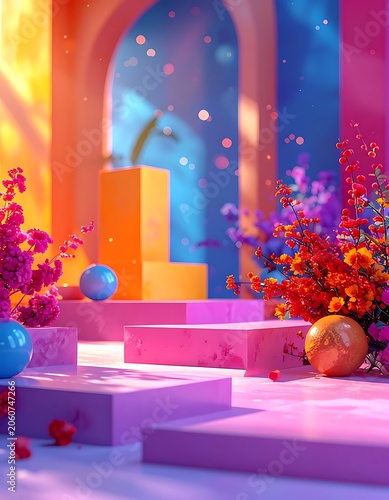 A vibrant 3D illustration of a colorful stage with flowers and spheres