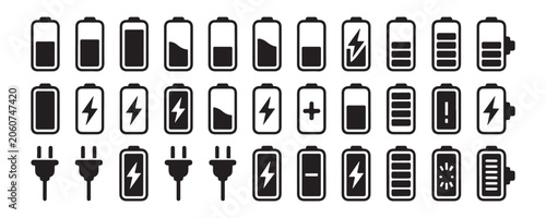 Photos Universal battery status and power connection icons collection for mobile interface and web design kit