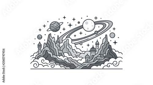 Canvastavla Mountain landscape with ringed planet and stars illustration