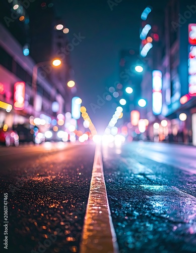A vibrant city street at night with colorful neon lights (2)