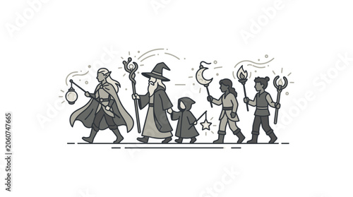 Diverse fantasy characters walking together outline illustration.