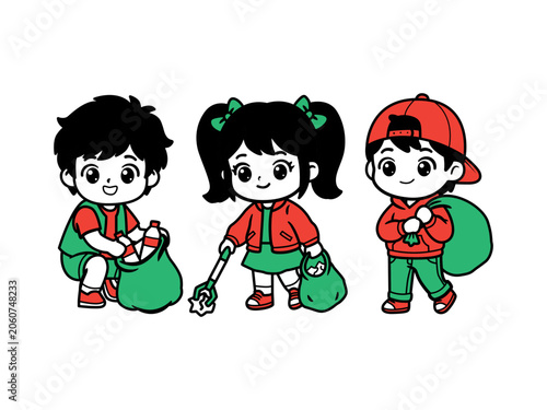 Cute kids cleaning environment and picking up trash illustration