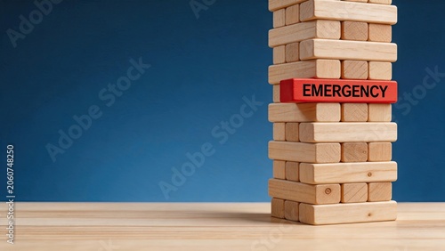 Wooden tower with red emergency block, symbolizing financial crisis, risk management, and the urgent need for savings or insurance in business planning.