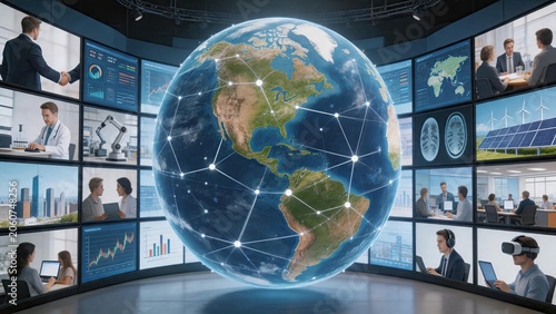 Futuristic control room with large earth globe surrounded by multiple screens displaying global data analytics, communication and international business