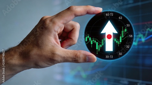 Hand holding virtual screen showing stock market chart with upward arrow indicating financial growth and investment success concept