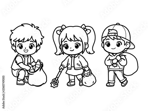 Kids Cleaning and Recycling Vector Coloring Page