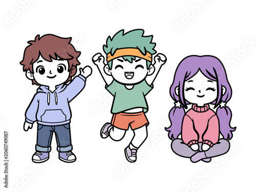 Kawaii Chibi Kids Characters Waving Jumping and Sitting Vector