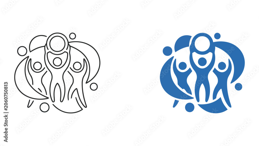 Fototapeta premium Dynamic teamwork and community support icon set featuring stylized figures lifting a globe or sphere in a vibrant flat vector design style for social networking and global partnership concepts