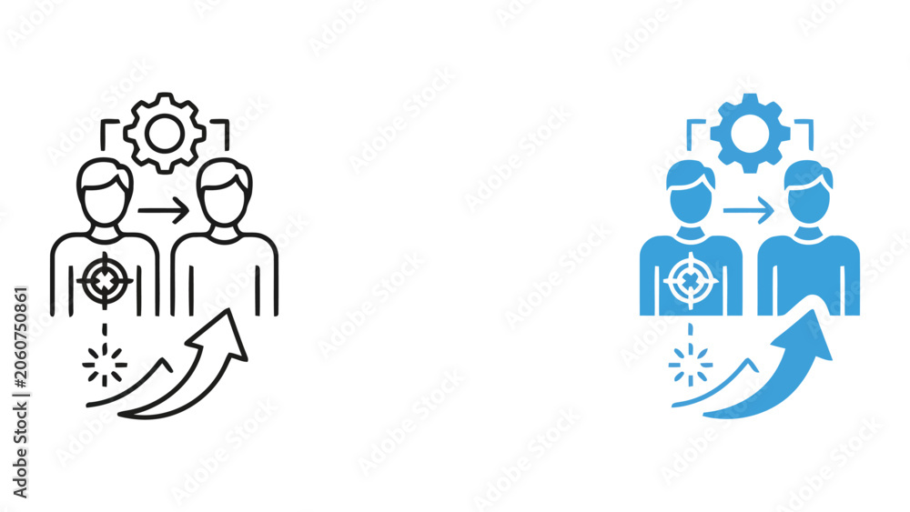Fototapeta premium Leadership and professional development icon set showing targeted growth and team training in a high-quality vector graphic style for corporate human resources and career advancement programs