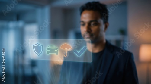 Indian Car Insurance Concept: Glowing Holographic Protection Icons Over Blurred Man in Modern Corporate Setting